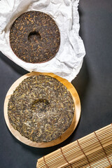 Chinese puer fermented and pressed tea. Healthy nutrition and antioxidant drinks.
