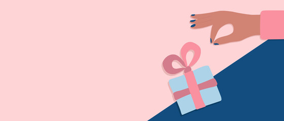 Vector illustration. Greeting web banner with a blue gift box and a female hand. Pink bows. Space for your text. 