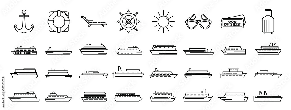 Poster ocean cruise icons set. outline set of ocean cruise vector icons for web design isolated on white ba