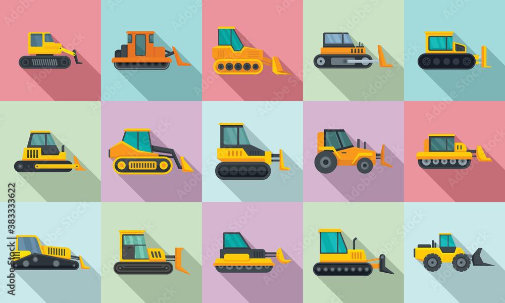 Poster bulldozer icons set. flat set of bulldozer vector icons for web design
