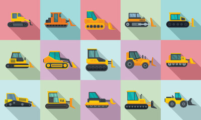 Bulldozer icons set. Flat set of bulldozer vector icons for web design