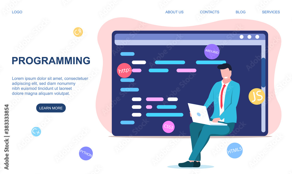 Poster programming or coding concept with man working on laptop on his lap. web page template. flat cartoon