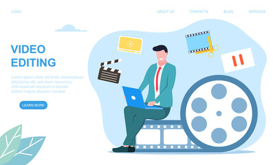 Video editing concept with a man working on a laptop lying on his lap. Flat cartoon vector illustration. Web page or wesite template