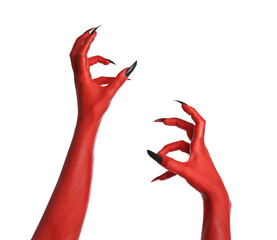 Scary monster on white background, closeup of hands. Halloween character