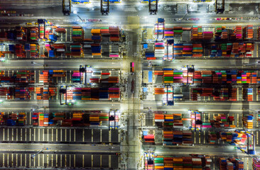 Container , container ship in export and import business and logistics. Shipping cargo to harbor by crane. Water transport International. Aerial view and top view.