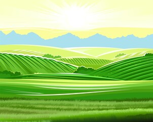 Obraz premium Rural hills. Scenery. Vector. Pasture grass for cows and a place for a vegetable garden and farm. Meadows and trees. Horizon. Beautiful view. Summer.