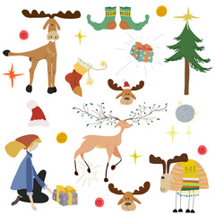 Christmas or New Year big collection in flat cartoon style. Set with cute deer, funny lamb, girl with gift, fir tree, Christmas stockings and other. Color vector illustration