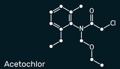 Acetochlor molecule. It is chloroacetanilide, herbicide, a xenobiotic and an environmental contaminant. Skeletal chemical formula on the dark blue background