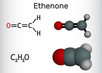 Ethenone, ketene, C₂H₂O molecule. Structural chemical formula and molecule model.