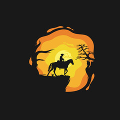A man riding a horse on a cliff logo