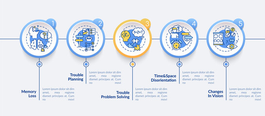 Early signs of Alzheimer vector infographic template. Dementia symptoms presentation design elements. Data visualization with 5 steps. Process timeline chart. Workflow layout with linear icons