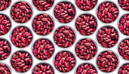 Seamless background of flat lay opened tin cans with kidney beans isolated on white