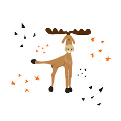 Funny deer in a cheerful pose. Hand drawn adorable deer with a raised paw. Cute animal push something with its paw. Cartoon vector illustration on white background