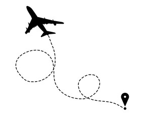 Flight direction illustration. Plane silhouette and pin connected by dashed line on white background