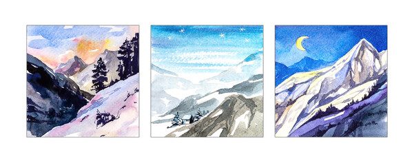 Winter mountain landscapes, hand-painted watercolor, three paintings, triptych.