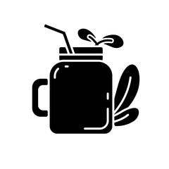 Obraz premium Smoothie black glyph icon. Tasty organic fruity drinks ideas. Vegan meals variety. Eco lifestyle. Glass with leaves. Vegetarian meals. Silhouette symbol on white space. Vector isolated illustration