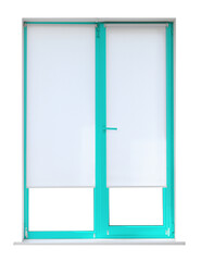 Modern plastic window with turquoise frame on white background