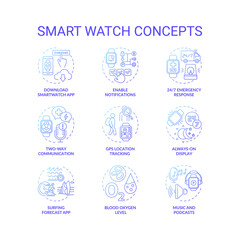 Smart watch concept icons set. Device functions idea thin line RGB color illustrations. Notifications. Download app. Two-way communication. Always-on display. Vector isolated outline drawings
