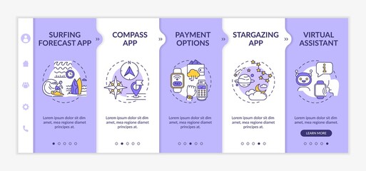 Smartwatch capabilities onboarding vector template. Surfing forecast app. Payment contactless options. Responsive mobile website with icons. Webpage walkthrough step screens. RGB color concept