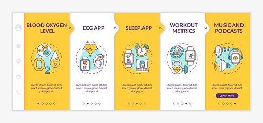 Smartwatch functions onboarding vector template. Blood oxygen level. Sleep app. Music player. Responsive mobile website with icons. Webpage walkthrough step screens. RGB color concept