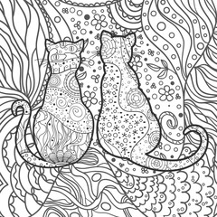 Square pattern. Cats on abstract ornate shape. Hand drawn abstract pattern. Black and white illustration