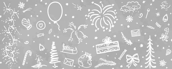 Hand drawn christmas pattern. Xmas elements. Black and white illustration