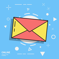 Colorful cartoon envelope in memphis style for mail or newsletter, contact adress.