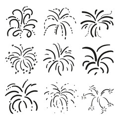 Explosion. Set of holiday fireworks on isolated white background. Black and white illustration