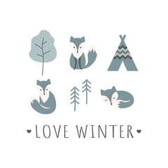 Love winter slogan cartoon t-shirt template. Colorful arctic fox character with trees, children vector illustration.