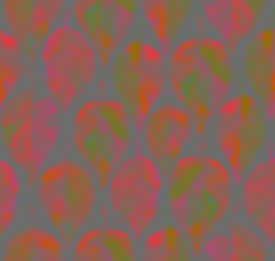 Watercolor leaves seamless pattern. Red leaves on grey background for cards, cover, textile, lining fabric