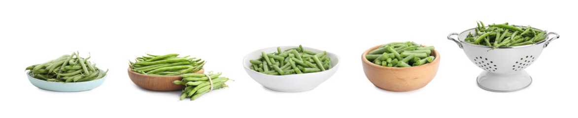 Set of fresh green beans on white background. Banner design