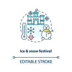 Ice and snow festival concept icon. Vacation destination idea thin line illustration. Winter festival. Ice sculptures. Exhibition areas. Vector isolated outline RGB color drawing. Editable stroke