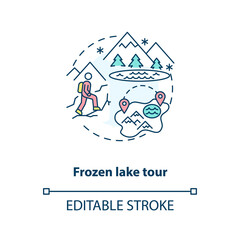 Frozen lake tour concept icon. Winter vacation destination idea thin line illustration. Ice skating. Archipelago sea. Hiking. Vector isolated outline RGB color drawing. Editable stroke
