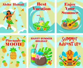 Tropical vacation banner design set. Hawaiian dancer, cocktails, fruits, ukulele vector illustration. Colorful graphic elements with text. Template for travel brochures, tropical resort flyers