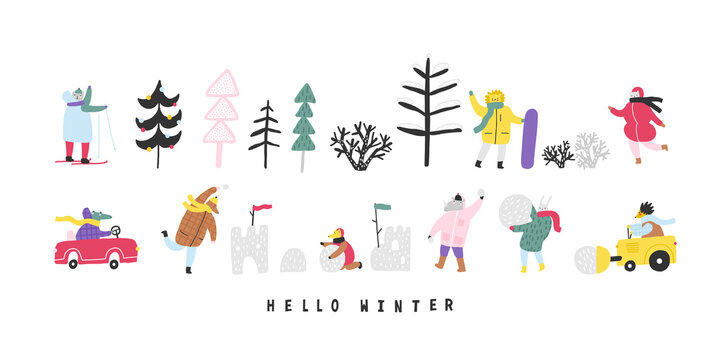 Set with cute animals in winter. Isolated objects on white. Hand drawn vector illustration. Concept kids print. Family playing in the snow in the pack.