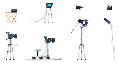 Movie equipment semi flat RGB color vector illustration set. Film creation process colletion. Actors crew. Creators team work. Play directing. Filming set isolated cartoon objects on white background