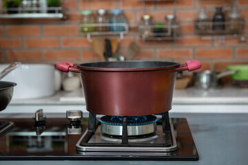 Elegant kitchen studio for the food equipment luxury and closeup red pot on the gas stove which has fire.