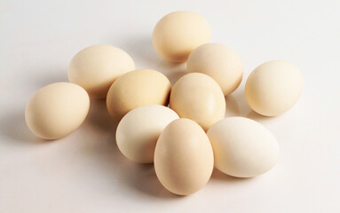 Chicken eggs on a white background. White egg. Top view