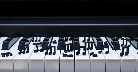 closeup of wooden black notes on a piano keyboard