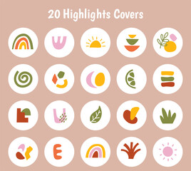 Fototapeta premium Big set of various vector highlight covers. Abstract backgrounds. Various shapes, lines, spots, dots, doodle leaves,rainbow. Hand drawn templates. Round icons for social media stories. Perfect for