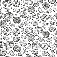 Tangerine pattern. Organic food, vector doodle hand drawn sketch style. Mandarin background for fabric print, textiles, wrapping paper, food packaging.