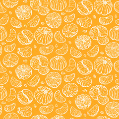 Tangerine pattern. Organic food, vector doodle hand drawn sketch style. Mandarin background for fabric print, textiles, wrapping paper, food packaging.