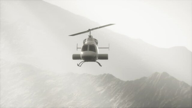 extreme slow motion flying helicopter near mountains with fog