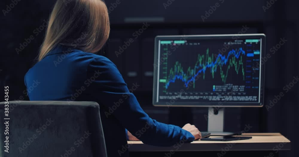Aufkleber back view of blonde manager in formal wear examining financial graphs on computer while sitting at t