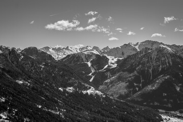 View over the Fassa Valley in the Dolomites, black and white panorama