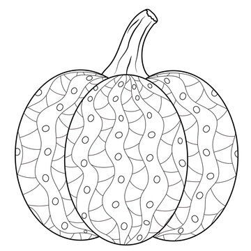 Ripe pumpkin with geometric ornament coloring book page. Autumn vector illustration for relax drawing. Antistress mosaic vegetable for adult and children. EPS10