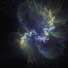 Computer generated fractal abstract background like blue and yellow color powder over dark space