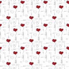 Seamless pattern with cute red heart and lettering love, illustration isolated on white background. Valentine's Day. Print for bed linens, fabric, textiles, wallpaper, greeting cards, wrapping paper