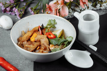 Udon noodles with chicken and peppers - Japanese cuisine