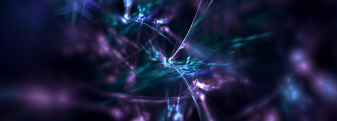 Computer generated fractal background. Bright lights abstract blue and purple swirls and lines over dark space